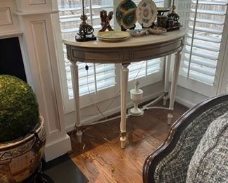 Majolica and vintage demi lune tables, vintage elephant lamps