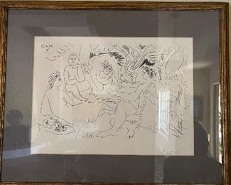 Picasso black and white etching 12.5” x 17” titled Luncheon on the Grass dated 22.8.61 upper left - possibly from El entiero de Donde de Orgaz portfolio -signed in pencil Lower left