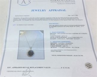 14KT WHITE GOLD SAPPHIRE & DIAMOND PENDANT & 18'' CHAIN 24.72ct SAPPHIRE, 1.62ct DIAMONDS, 14.7g, IAS APPRAISAL $8745,