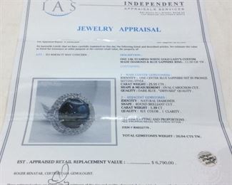 14KT WHITE GOLD BLUE SAPPHIRE & DIAMOND RING SIZE 7, 25.55ct SAPPHIRE, 1.39ct DIAMONDS, 11.9g, IAS APPRAISAL $6790,