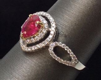 18KT WHITE GOLD RUBY & DIAMOND RING, SIZE 7, .5ct RUBY, .33ct DIAMONDS, 2.8g, FDA APPRAISAL $2750,
