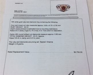 18KT WHITE GOLD RUBY & DIAMOND RING, SIZE 7, .5ct RUBY, .33ct DIAMONDS, 2.8g, FDA APPRAISAL $2750,