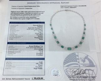18KT WHITE GOLD EMERALD BERYL & DIAMOND NECKLACE, 24.94ct EMERALDS, 4.22ct DIAMONDS, 37.1g, GGA APPRAISAL $98,620,