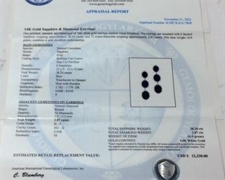 14KT WHITE GOLD SAPPHIRE & DIAMOND EARRINGS 38.2ct SAPPHIRES, 2.87ct DIAMONDS, 16.9g, AIGL APPRAISAL $12,330,