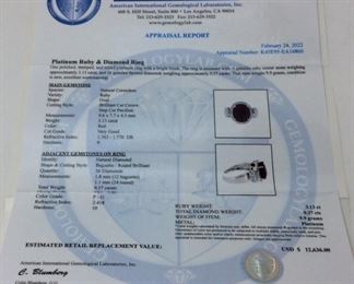 PLATINUM RUBY & DIAMOND RING, SIZE 8.5, 3.13ct RUBY, .37ct DIAMONDS, 9.9g, AIGL APPRAISAL $12,636,