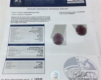 PLATINUM RUBY & DIAMOND EARRINGS 5.8ct RUBIES, ,38ct DIAMONDS, 5.2g, GGA APPRAISAL $7,830