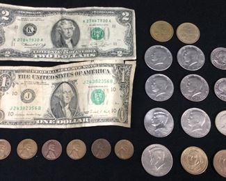 ASSORTED U.S. COINS & PAPER MONEY, 2 DOL
