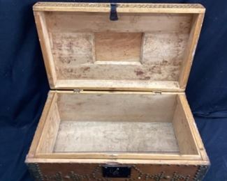 ANTIQUE WOOD TRUNK w BRASS ACCENTING