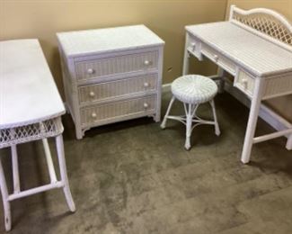 WHITE WICKER SET DESK, TABLE, CHAIR, STOOL
