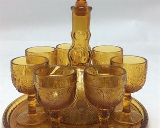 ANTIQUE AMBER SANDWICH GLASS CORDIAL SET