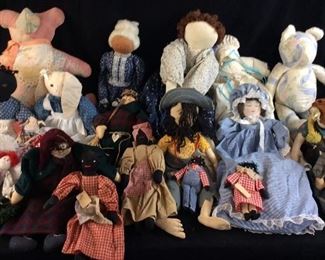  100+ ASSORTED HANDMADE CLOTH RAG DOLLS & WOOD DOLLS
