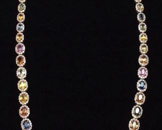 14KT YELLOW GOLD MULTI COLOR SAPPHIRE CORUNDON & DIAMOND NECKLACE, 23.67ct SAPPHIRES, 6.77ct DIAMONDS       28.8g, GGA APPRAISAL $35,890,