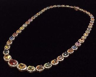 14KT YELLOW GOLD MULTI COLOR SAPPHIRE CORUNDON & DIAMOND NECKLACE, 23.67ct SAPPHIRES, 6.77ct DIAMONDS       28.8g, GGA APPRAISAL $35,890,