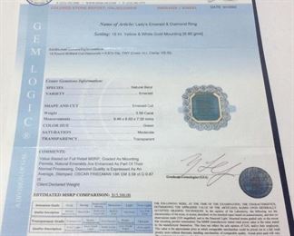 18KT YELLOW & WHITE GOLD EMERALD & DIAMOND RING 3.58ct EMERALD, .87ct DIAMONDS SIZE 7, GAL APPRAISAL $15,500,
