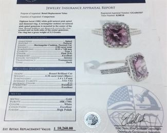18KT WHITE GOLD PINK SPINEL & DIAMOND RING, 2.9ct SPINEL, .38ct DIAMONDS, 3.3g, SIZE 7 1/4, GGA APPRAISAL $10,260,