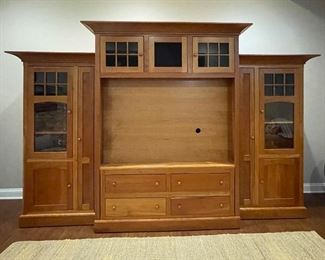 Amish-Made Three-Piece Cherry Wall Unit. Two Side Cabinets Measure 36" W x 17" D x 73" H. Center Piece Measures 68" W x 26" D x 84" H & Fits up to 56" TV (56" x 4" D). Photo 1 of 2. 