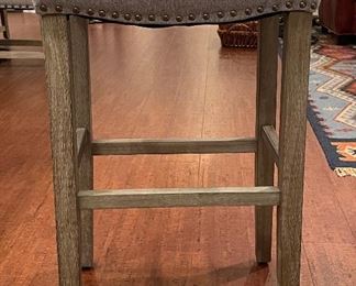 Set of Three Upholstered Bar Stools with Rustic Frames & Nailhead Trim. Each Measures 17" x 13" with 29" Seat Height. Photo 1 of 3. 
