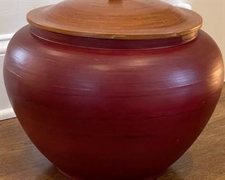 Painted Bamboo Lidded Jar. Measures 16" w x 14" D.