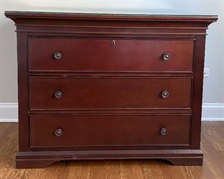 Pottery Barn Kids Mahogany Three-Drawer Chest of Drawers with Glass Topper. Measures 44" W x 21" D x 34.5" H. Photo 1 of 2. 