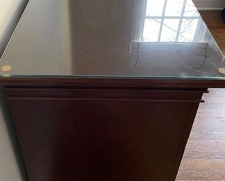 Pottery Barn Kids Mahogany Three-Drawer Chest of Drawers with Glass Topper. Measures 44" W x 21" D x 34.5" H. Photo 2 of 2.