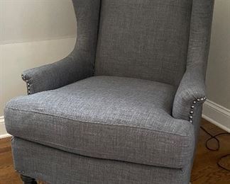 Blue Upholstered Modern Wing Back Chair with Nailhead Trim. Photo 2 of 4.