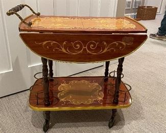 Vintage Italian Marquetry Two Tier Drop-Leaf Trolly Bar Cart. Photo 1 of 3.