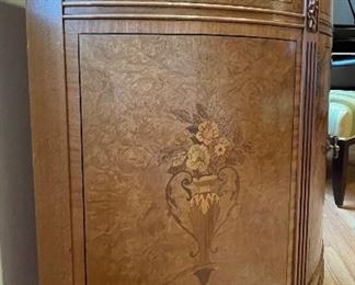 Vintage Georgian Maple Burl with Inlay Demi-Lune Cabinet. Measures 36" W x 19" D x 33" H. Photo 3 of 4.
