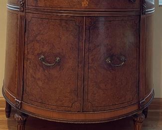 Vintage Georgian Maple Burl with Inlay Demi-Lune Cabinet. Measures 36" W x 19" D x 33" H. Photo 1 of 4.