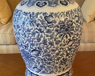 Vintage Lidded Ginger Jar On Stand. Measures 22" H x 11" D on Stand. Photo 1 of 2.