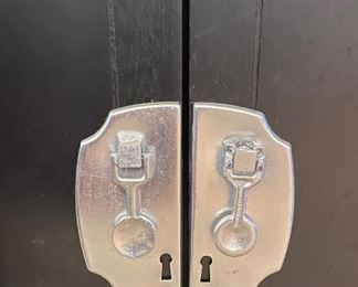 Vintage Mid-Century Asian-Style Bureau / Cabinet In Walnut Finish With Silver Pulls. Measures 57" W x 20" D x 31.5" H. Photo 2 of 3.