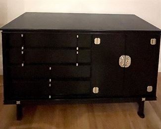 Vintage Mid-Century Asian-Style Bureau / Cabinet In Walnut Finish With Silver Pulls. Measures 57" W x 20" D x 31.5" H. Photo 1 of 3.