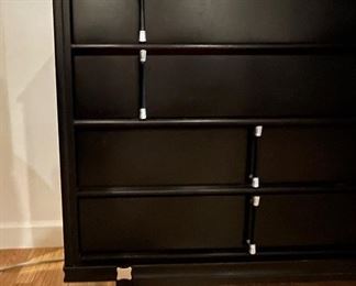 Vintage Mid-Century Asian-Style Bureau / Cabinet In Walnut Finish With Silver Pulls. Measures 57" W x 20" D x 31.5" H. Photo 3 of 3.