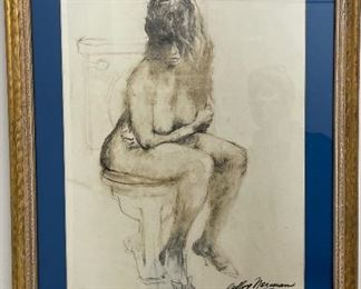 Leroy Neiman, "Nude On Toilet," Charcoal. Signed & Dated 1959. Measures Photo 1 of 2.