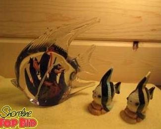 Blown Glass Fish and a pair of ceramic fish salt and pepper shakers