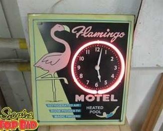 Vintage Flamingo Motel Light Up Advertisement Clock Sign Working