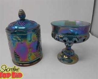 Vintage Indiana Iridescent Garland Carnival Glass Canister with lid and compote stemmed bowl