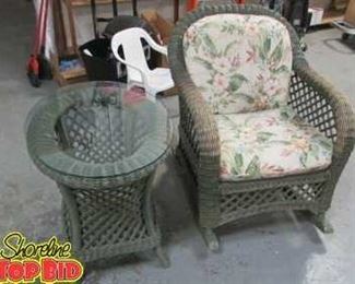 Beautiful Wicker Rocker with Glass Top Side Table