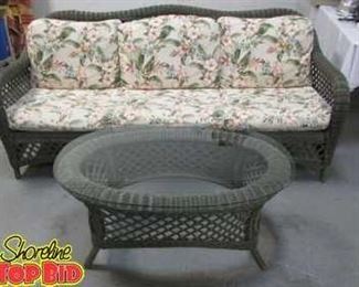Beautiful Wicker Sofa with Glass Top Coffee Table
