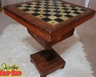 Antique Wooden Reversible Chess Backgammon Table Stand Set