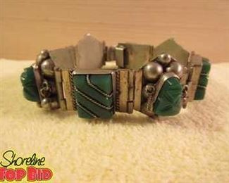 Vintage Hecho Mexico Sterling Silver carved green stones