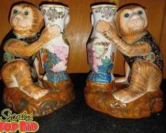 Rare vintage hand painted detailed pair of tobacco leaf design monkey vases.Excellent