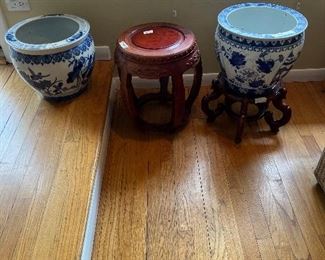 Asian hand painted pots and rosewood stand 