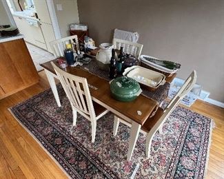 Ethan Allen kitchen table with 4 chairs, one leaf, oriental rug 