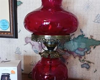 Cranberry glass hurricane lamp antique