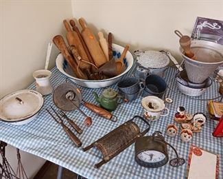 Antique kitchen gadgets wood handled galvanized