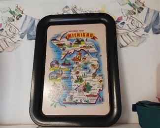 Vintage metal tray featuring Michigan cities