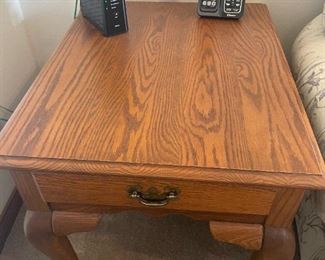 (2) Oak End Tables with drawers,26.75"D 22"W 22.75"H,    $125.00 pair                                                           
 Oval Oak Coffee Table:46"W 28"D 17.5" H,   $100.00                                                                                                                                                                                                                   Oak Sofa Table. Sofa: 54"L 16.25"D 27.75" H   $125.00        $295.00 for set 4 tables.