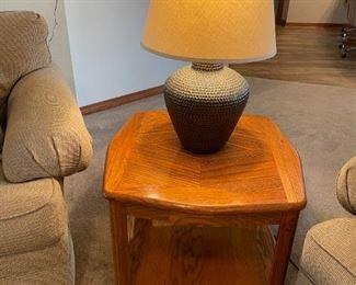 Two Oak End Tables & Oak Coffee Table.                                                End Tables: 28.25" W 28.25" D 19.5" H   $125.00 pair                                                       Coffee Table: 38" W 38" D 16" H  $125.00  or                                                          $200.00 for all (3)