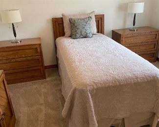 Huntley Thomasville Industries Bedroom Set.  Twin bed (New box spring and mattress) $185.00, (2) night stands with (3) drawers $180.00, Desk and chair 125.00, Small Chest.  $85.00                                              $450.00 whole set!