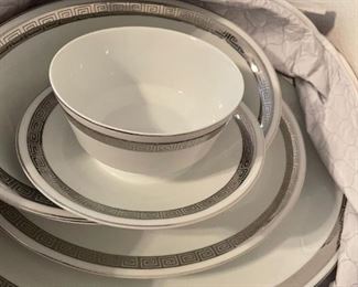 Harmony House ROMAIC Fine China from Japan. Silver Greek Key pattern on white. 12 piece place setting plus sugar & creamer, serving platter and bowls.  Classic in Great condition well taken care of.                                                                                                           $300.00 complete set